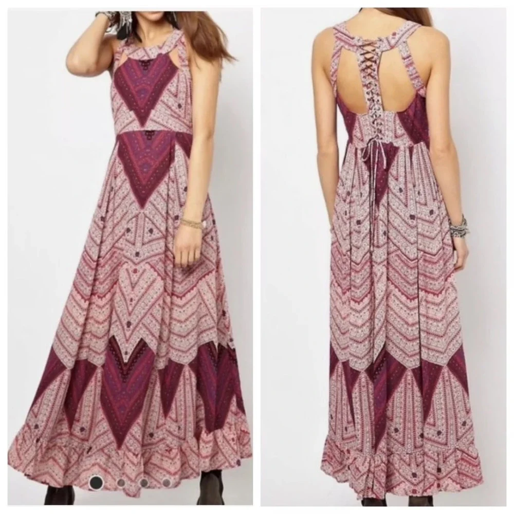 Free People Made‎ My Day Lace Up Back Maxi Dress Pink Burgundy Size 0